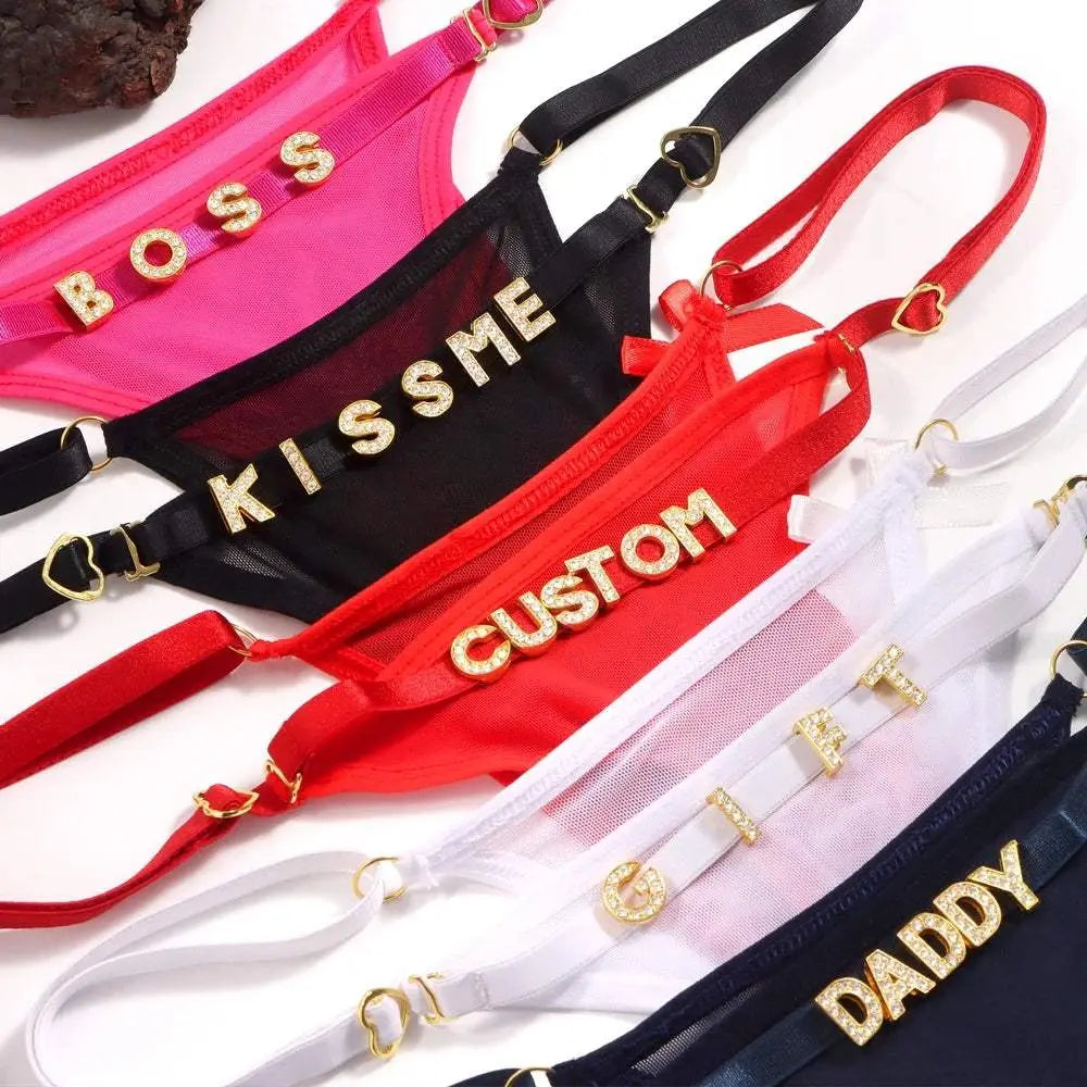 Custom Name String Thongs for Women Personalized Rhinestone Letters with Bows - Love Lingerie