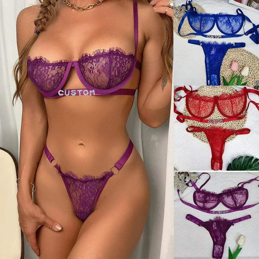 2Pc Custom DIY Letter Thong and Bra for Women Customized G-string Name Panties and Bra - Love Lingerie