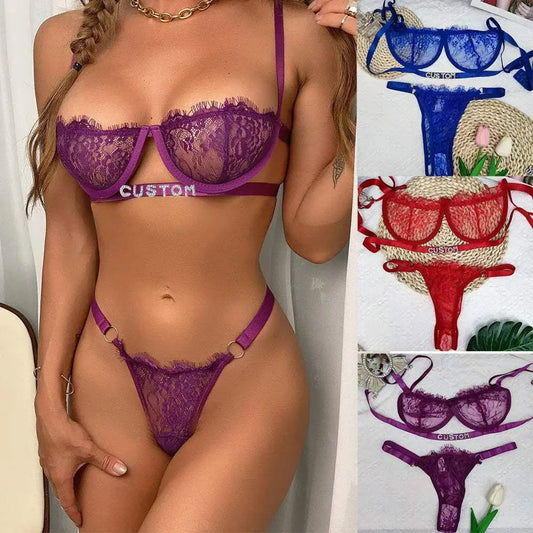 2Pc Custom DIY Letter Thong and Bra for Women Customized G-string Name Panties and Bra - Love Lingerie