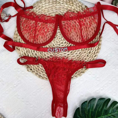 2Pc Custom DIY Letter Thong and Bra for Women Customized G-string Name Panties and Bra - Love Lingerie