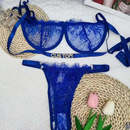 2Pc Custom DIY Letter Thong and Bra for Women Customized G-string Name Panties and Bra - Love Lingerie
