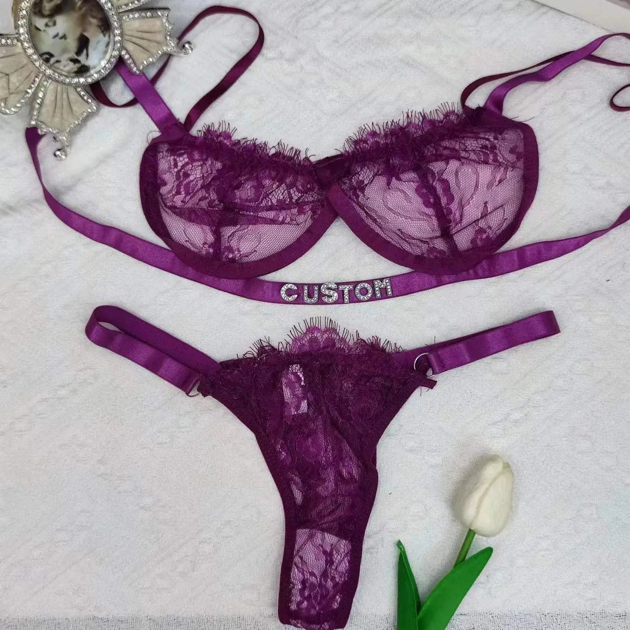 2Pc Custom DIY Letter Thong and Bra for Women Customized G-string Name Panties and Bra - Love Lingerie