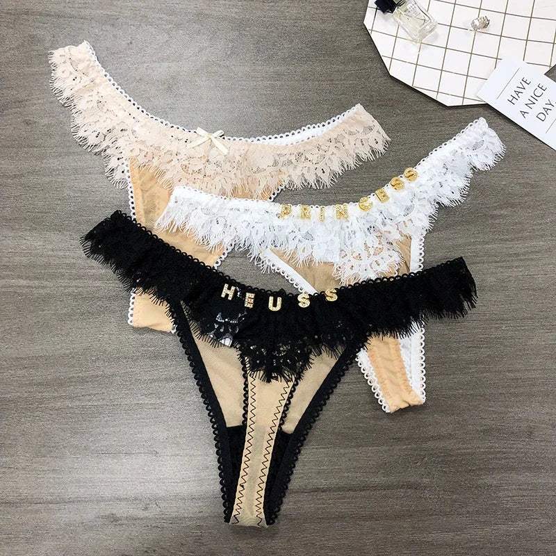 Custom Lace Underwear Crystal Letters Name Personalised Thong Women Bikini G-String Panty Birthday Lovers Gift - Love Lingerie