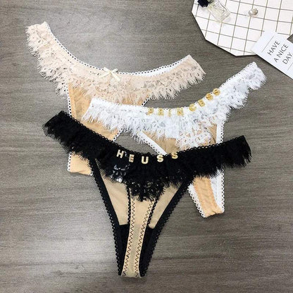 Custom Lace Underwear Crystal Letters Name Personalised Thong Women Bikini G-String Panty Birthday Lovers Gift - Love Lingerie