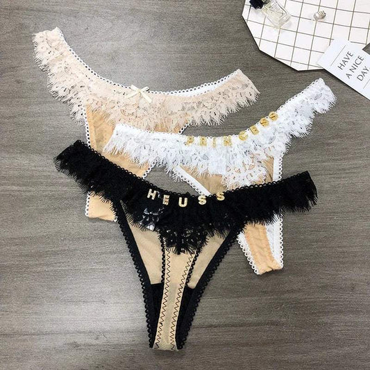 Custom Lace Underwear Crystal Letters Name Personalised Thong Women Bikini G-String Panty Birthday Lovers Gift - Love Lingerie