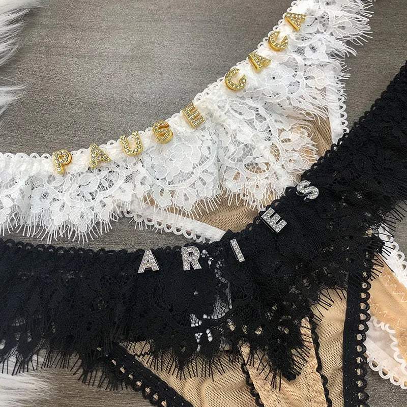 Custom Lace Underwear Crystal Letters Name Personalised Thong Women Bikini G-String Panty Birthday Lovers Gift - Love Lingerie