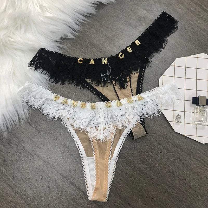 Custom Lace Underwear Crystal Letters Name Personalised Thong Women Bikini G-String Panty Birthday Lovers Gift - Love Lingerie