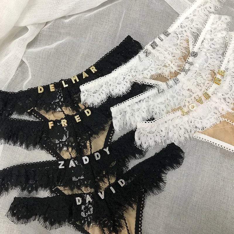 Custom Lace Underwear Crystal Letters Name Personalised Thong Women Bikini G-String Panty Birthday Lovers Gift - Love Lingerie
