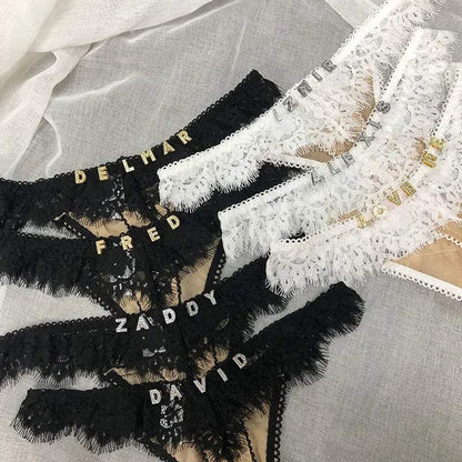 Custom Lace Underwear Crystal Letters Name Personalised Thong Women Bikini G-String Panty Birthday Lovers Gift - Love Lingerie