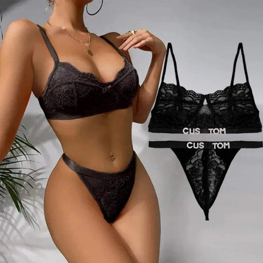 Custom Name Lace Thong Bra Set Sexy Personalized Letters Bikini G-String Panties Diy Rhinestone Letters Women Lingerie Set - Love Lingerie