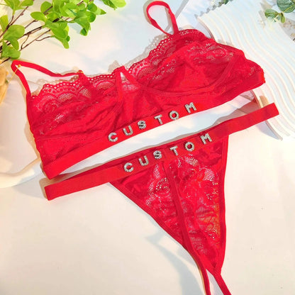 Custom Name Lace Thong Bra Set Sexy Personalized Letters Bikini G-String Panties Diy Rhinestone Letters Women Lingerie Set - Love Lingerie