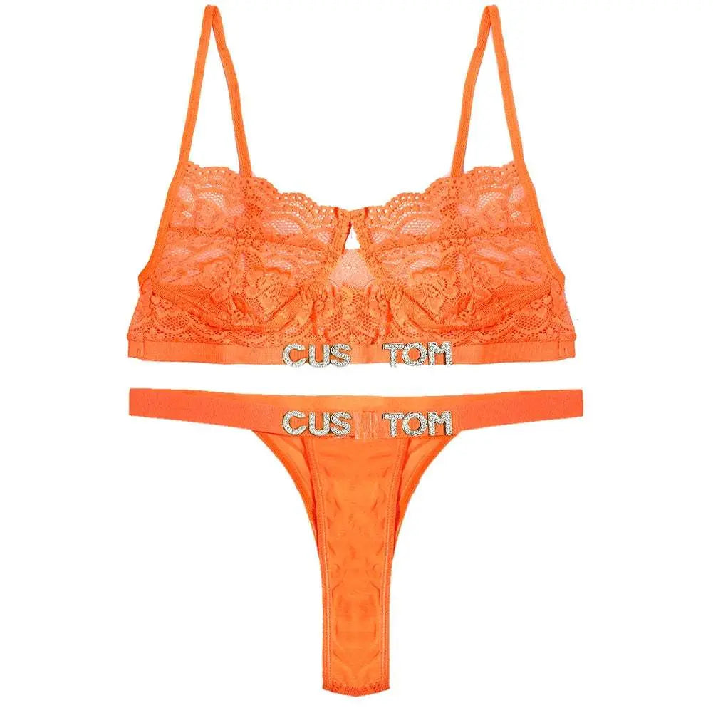 Custom Name Lace Thong Bra Set Sexy Personalized Letters Bikini G-String Panties Diy Rhinestone Letters Women Lingerie Set - Love Lingerie