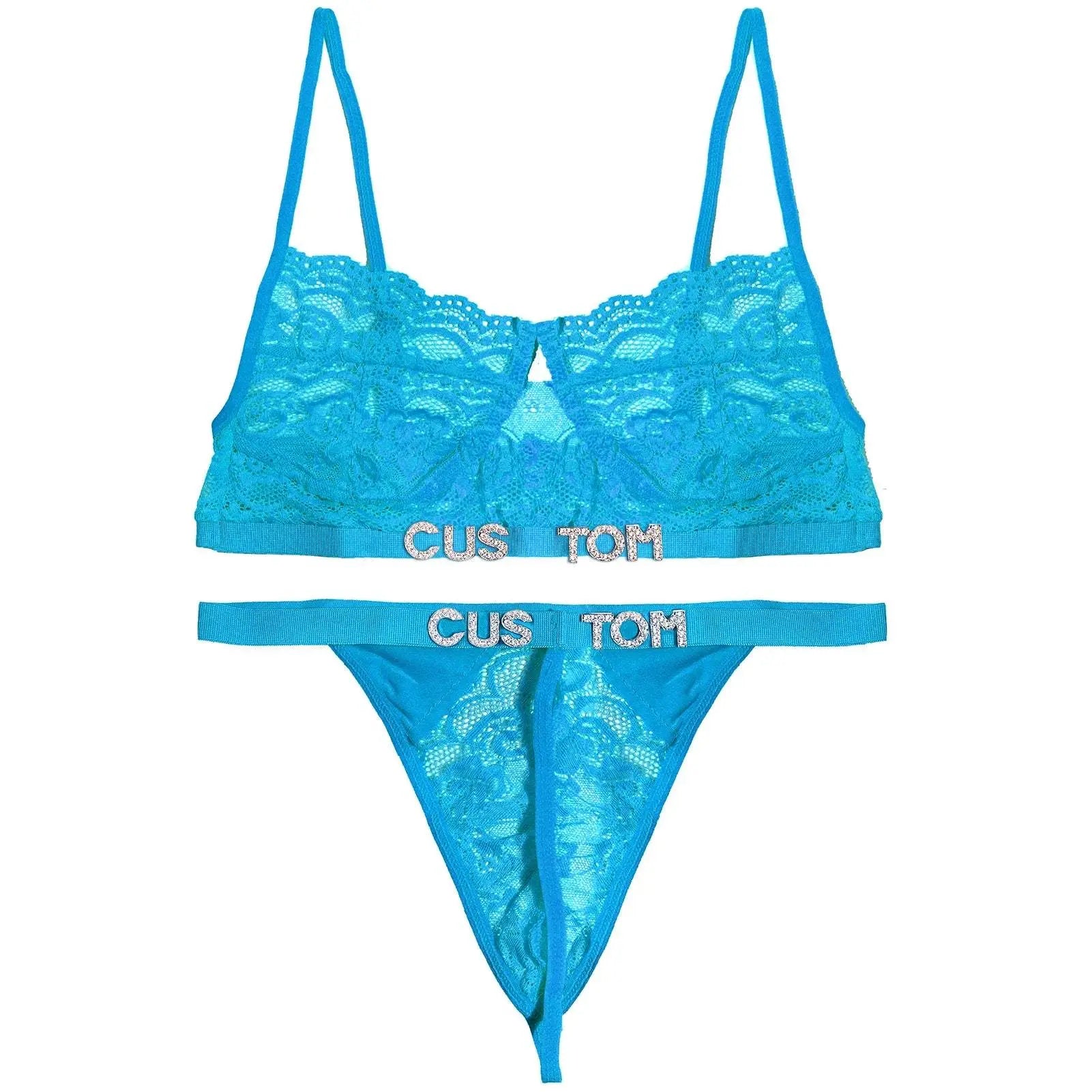 Custom Name Lace Thong Bra Set Sexy Personalized Letters Bikini G-String Panties Diy Rhinestone Letters Women Lingerie Set - Love Lingerie