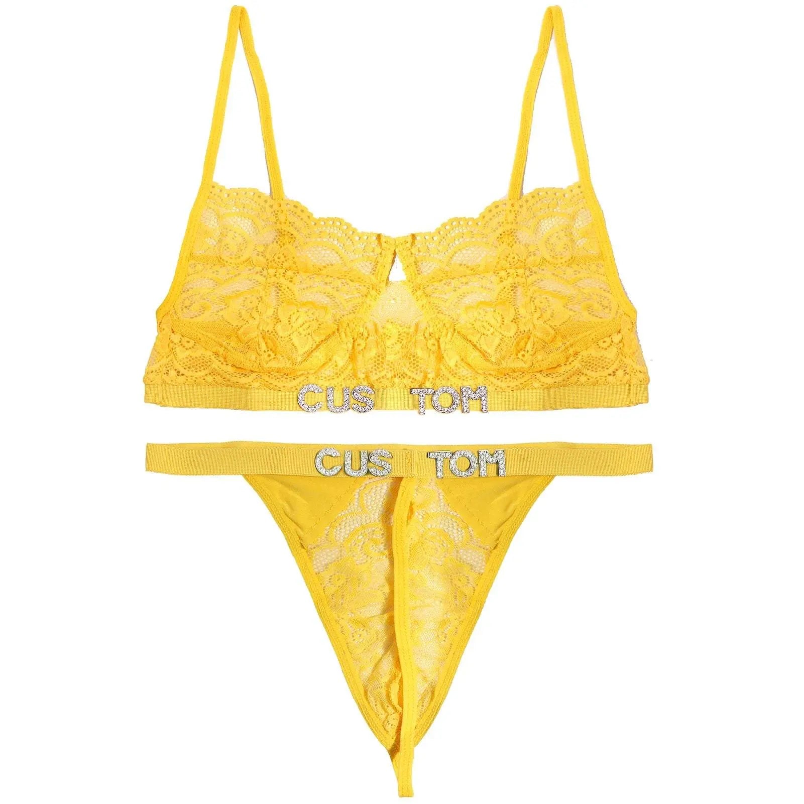 Custom Name Lace Thong Bra Set Sexy Personalized Letters Bikini G-String Panties Diy Rhinestone Letters Women Lingerie Set - Love Lingerie
