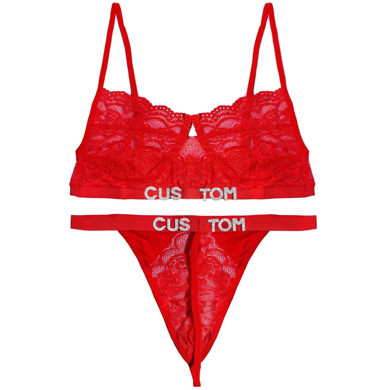 Custom Name Lace Thong Bra Set Sexy Personalized Letters Bikini G-String Panties Diy Rhinestone Letters Women Lingerie Set - Love Lingerie