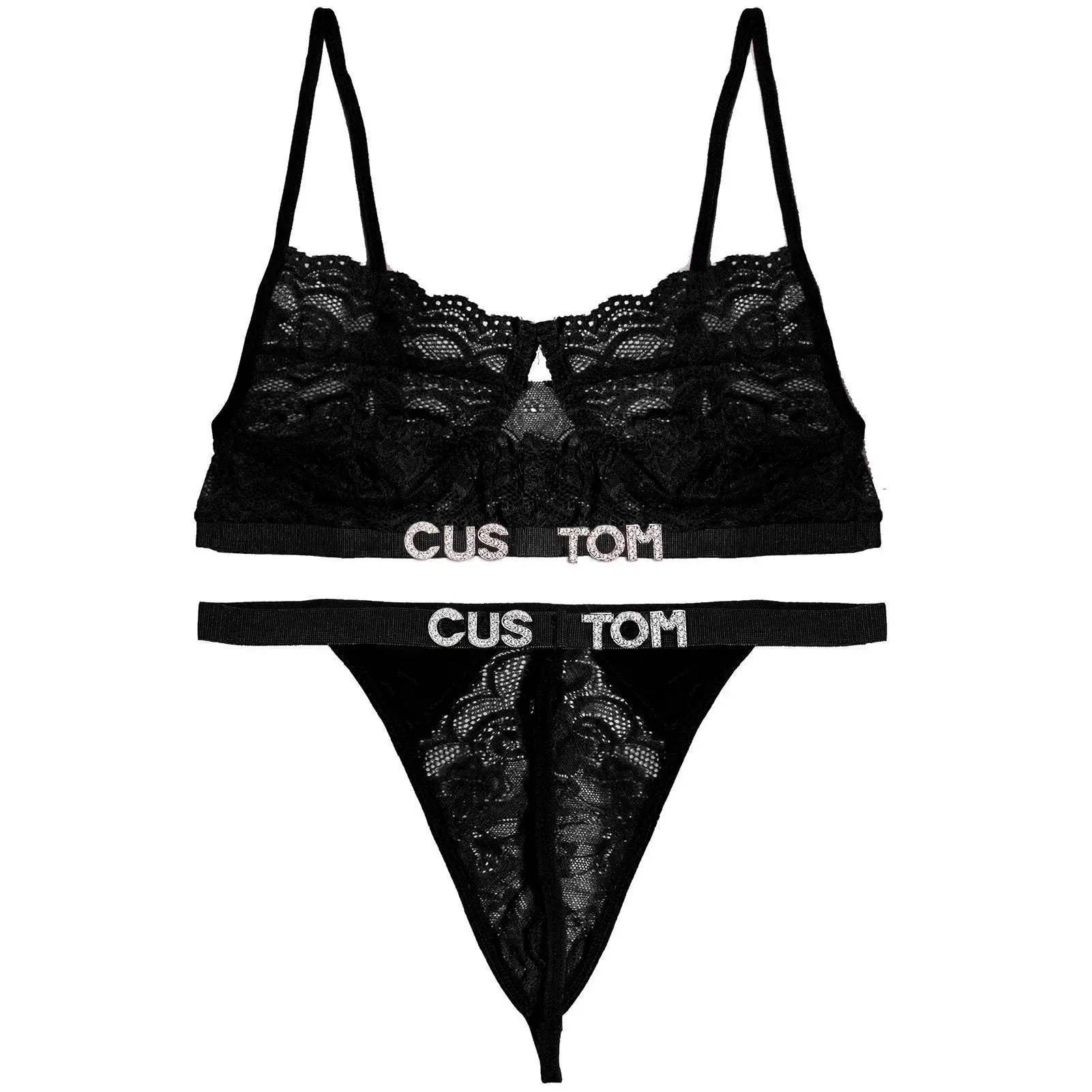 Custom Name Lace Thong Bra Set Sexy Personalized Letters Bikini G-String Panties Diy Rhinestone Letters Women Lingerie Set - Love Lingerie