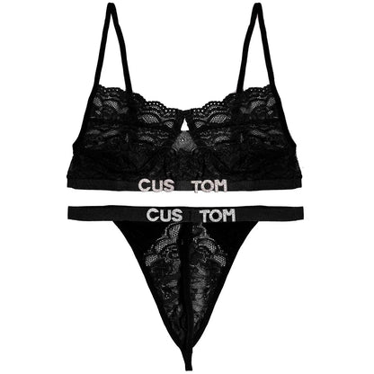 Custom Name Lace Thong Bra Set Sexy Personalized Letters Bikini G-String Panties Diy Rhinestone Letters Women Lingerie Set - Love Lingerie