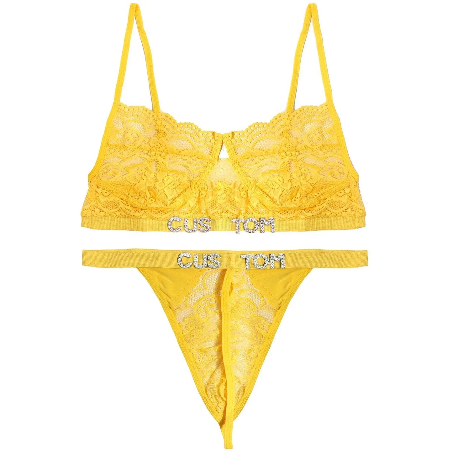 Custom Name Lace Thong Bra Set Sexy Personalized Letters Bikini G-String Panties Diy Rhinestone Letters Women Lingerie Set - Love Lingerie