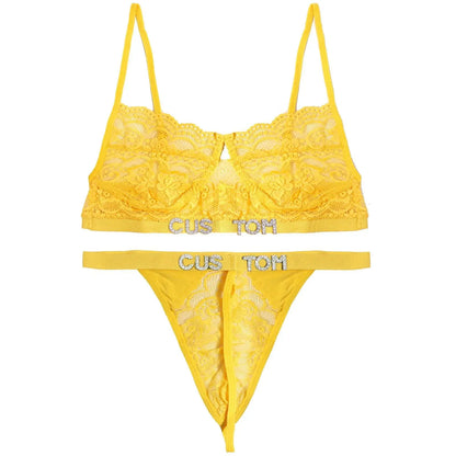 Custom Name Lace Thong Bra Set Sexy Personalized Letters Bikini G-String Panties Diy Rhinestone Letters Women Lingerie Set - Love Lingerie