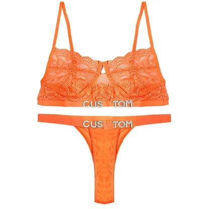 Custom Name Lace Thong Bra Set Sexy Personalized Letters Bikini G-String Panties Diy Rhinestone Letters Women Lingerie Set - Love Lingerie