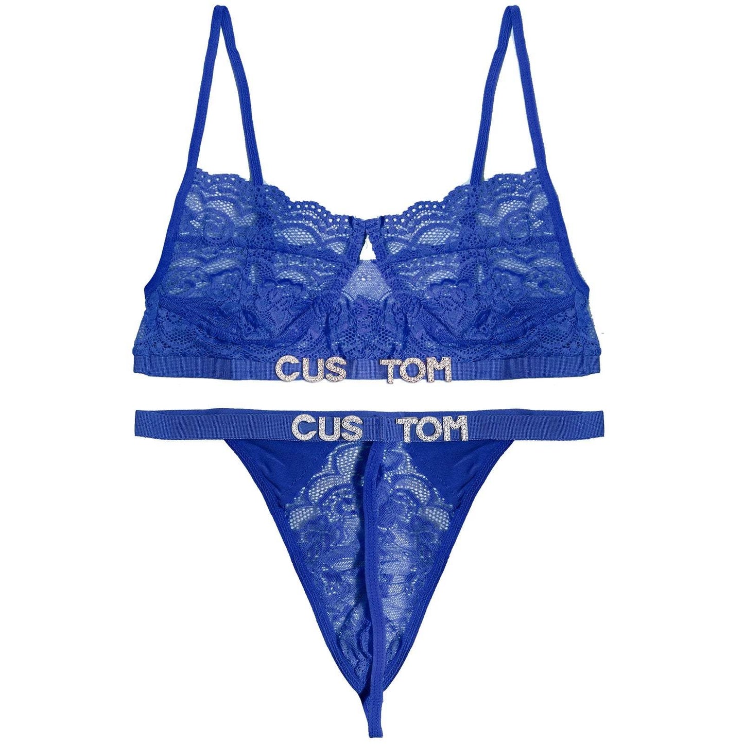 Custom Name Lace Thong Bra Set Sexy Personalized Letters Bikini G-String Panties Diy Rhinestone Letters Women Lingerie Set - Love Lingerie