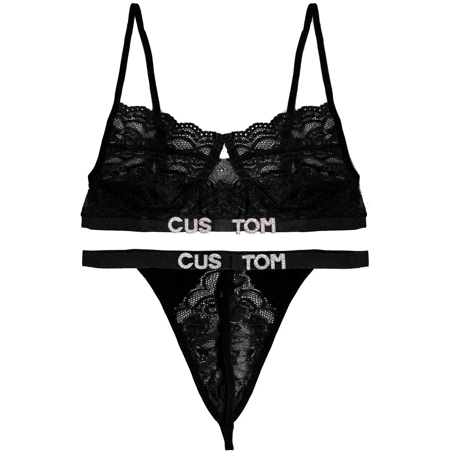 Custom Name Lace Thong Bra Set Sexy Personalized Letters Bikini G-String Panties Diy Rhinestone Letters Women Lingerie Set - Love Lingerie