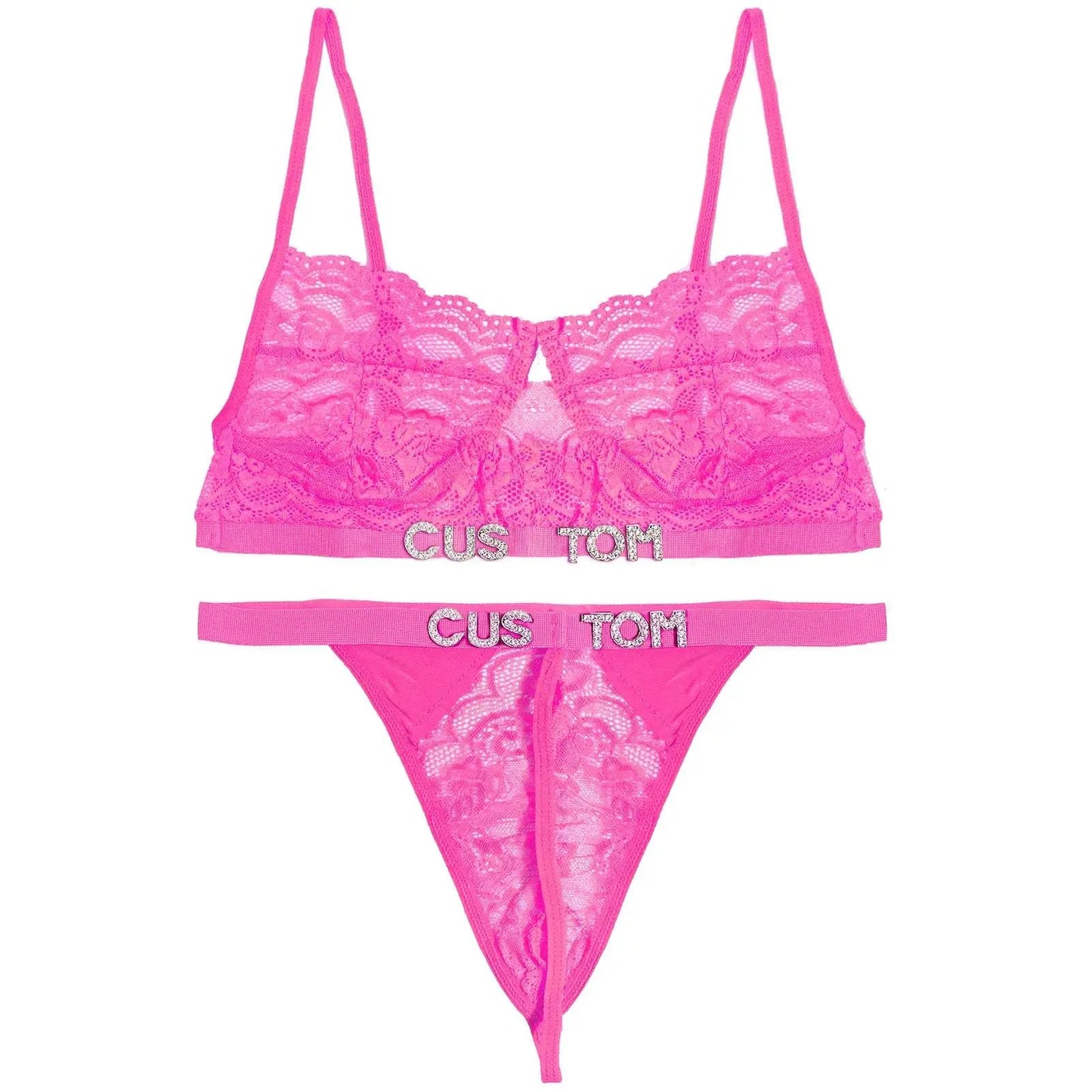 Custom Name Lace Thong Bra Set Sexy Personalized Letters Bikini G-String Panties Diy Rhinestone Letters Women Lingerie Set - Love Lingerie