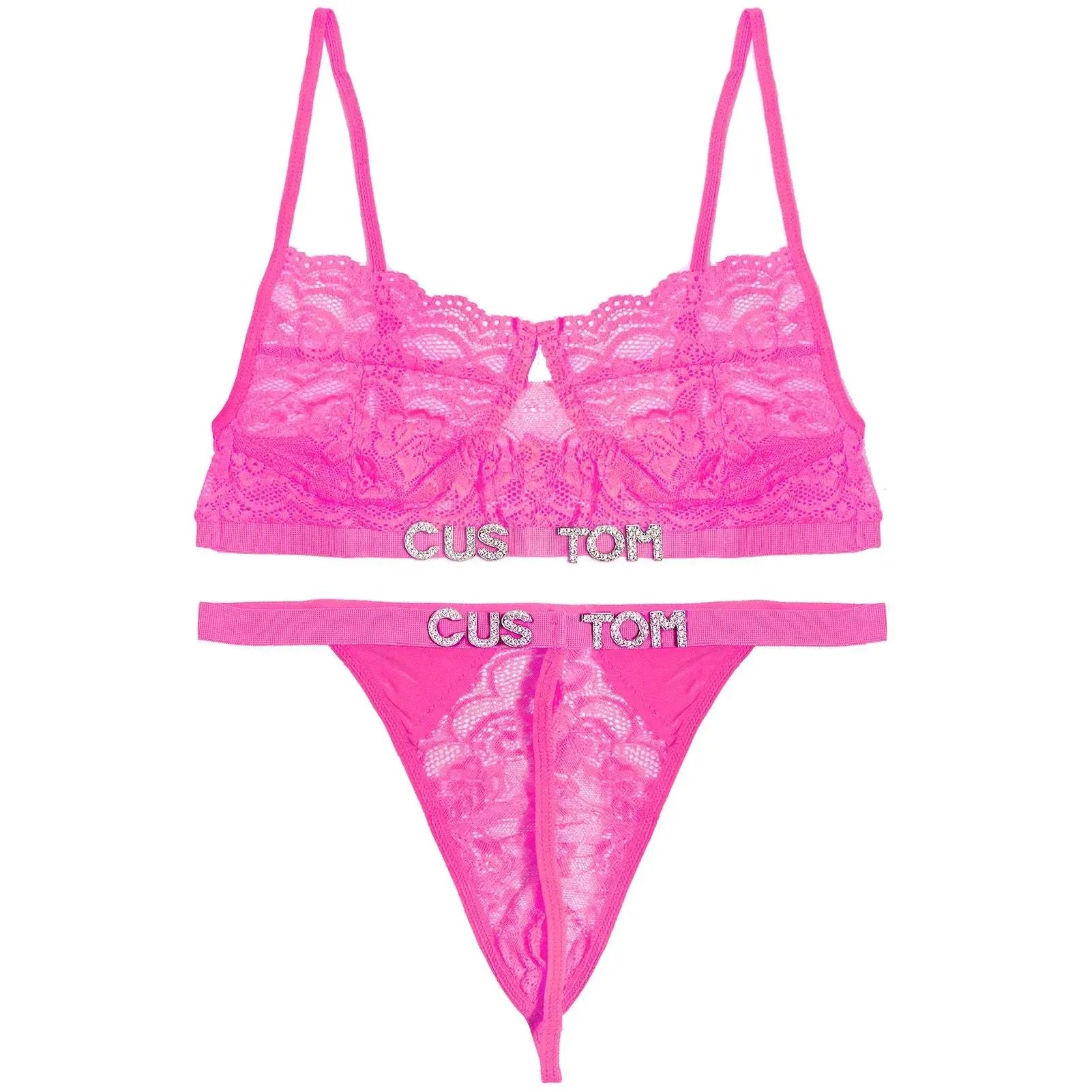 Custom Name Lace Thong Bra Set Sexy Personalized Letters Bikini G-String Panties Diy Rhinestone Letters Women Lingerie Set - Love Lingerie