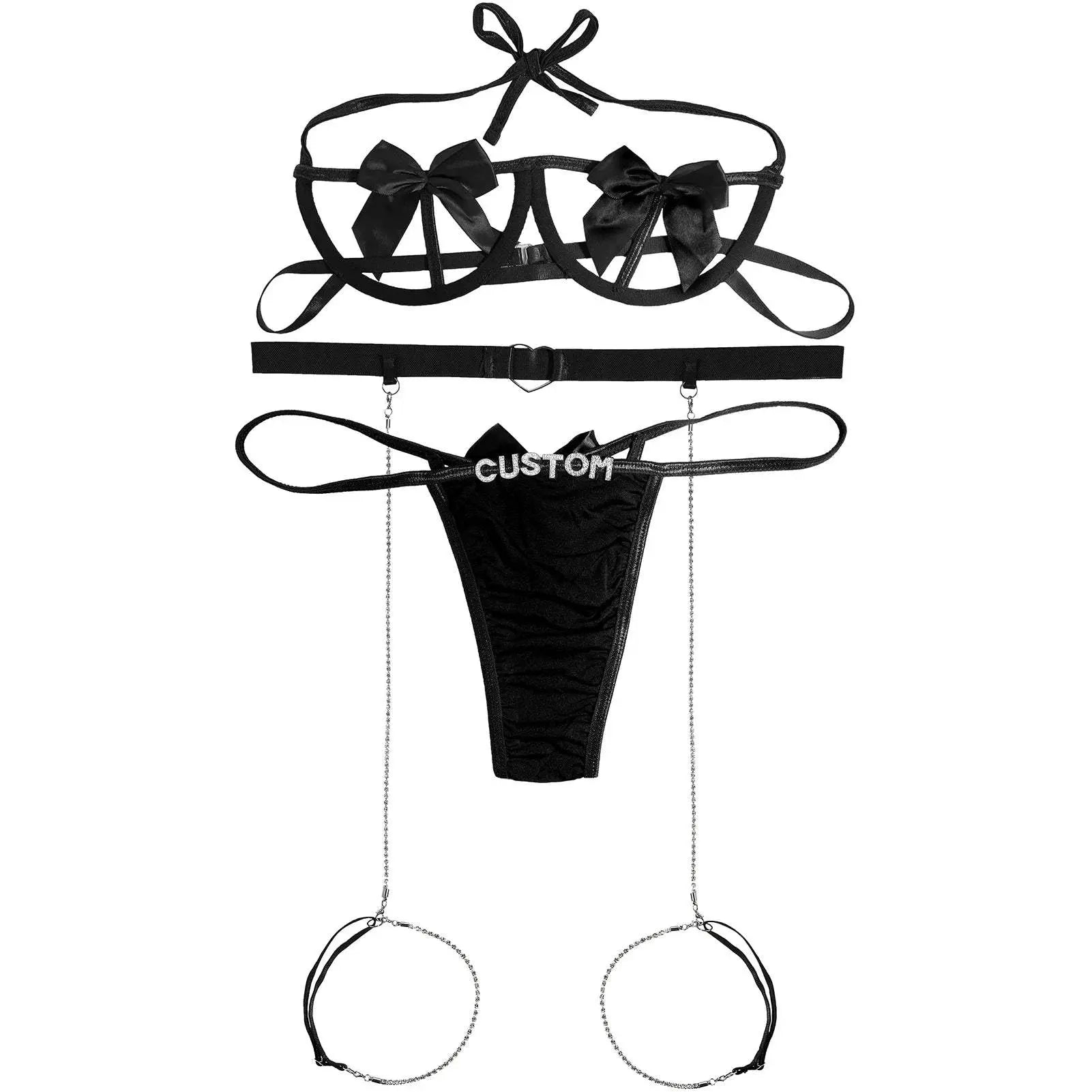 Custom Name Lingerie Set Personalised Letters Name G-string Panties Sexy Erotic Brief Underwear Set Bows - Love Lingerie