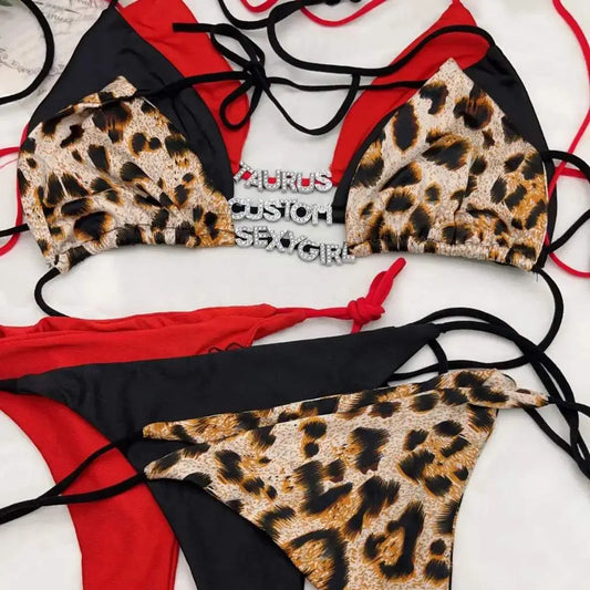 Custom Name Sexy Bikini Leopard Underwear Thong Bra Personality Crystal Letter String For Women Swimsuit Sets Swimwear - Love Lingerie