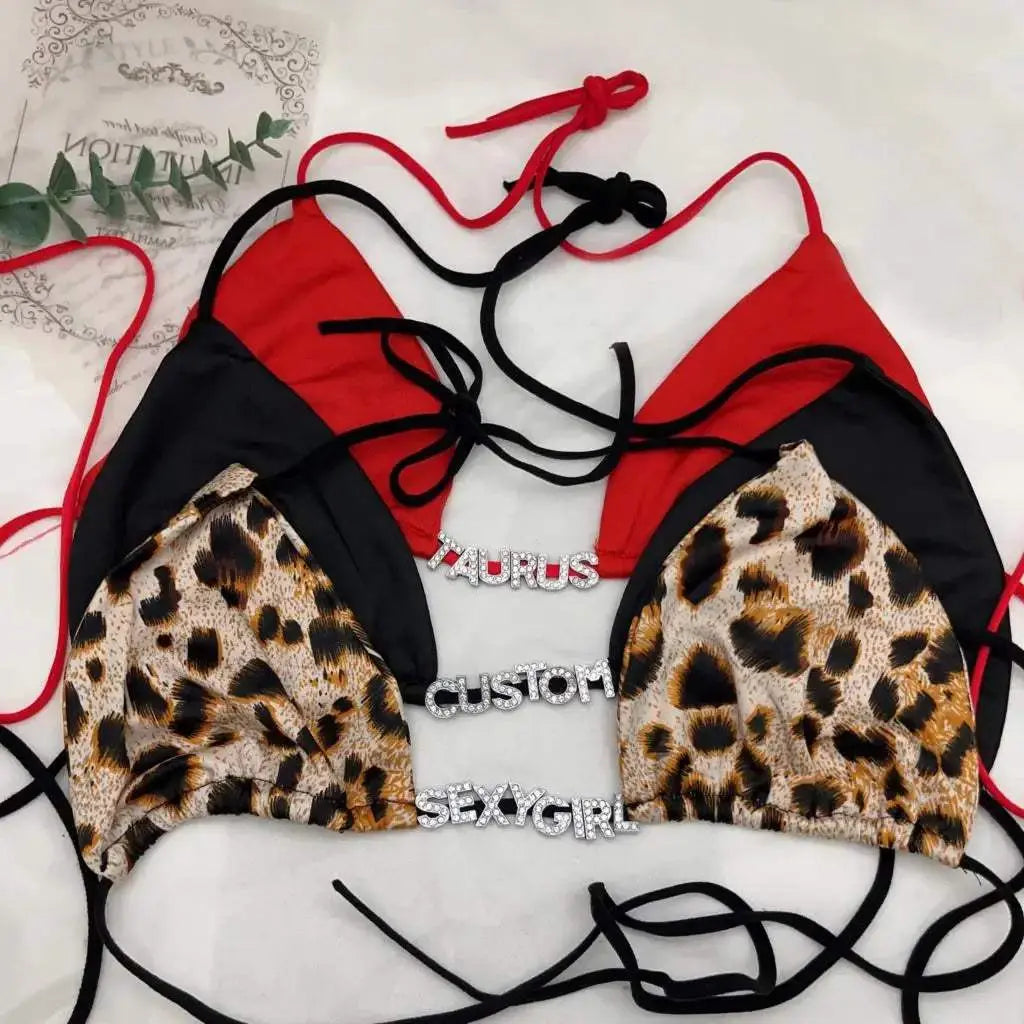 Custom Name Sexy Bikini Leopard Underwear Thong Bra Personality Crystal Letter String For Women Swimsuit Sets Swimwear - Love Lingerie