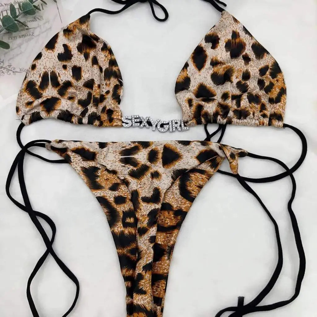 Custom Name Sexy Bikini Leopard Underwear Thong Bra Personality Crystal Letter String For Women Swimsuit Sets Swimwear - Love Lingerie