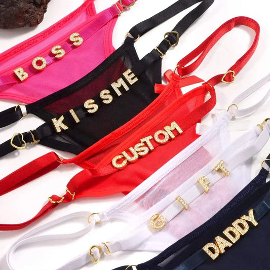 Custom Name String Thongs for Women Personalized Rhinestone Letters with Bows - Love Lingerie