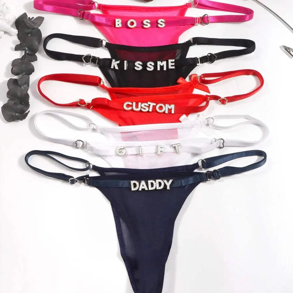 Custom Name String Thongs for Women Personalized Rhinestone Letters with Bows - Love Lingerie