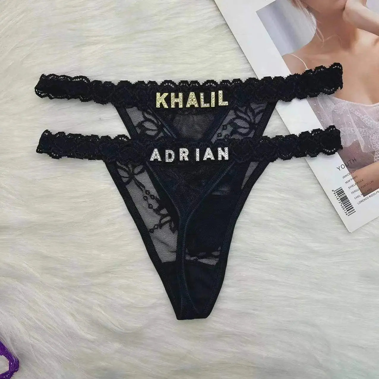 Custom Name Thong Panties with Crystal Letters Customized Thongs Personalized Underwear Sexy G-String Tanga Bikini Jewelry Gift - Love Lingerie