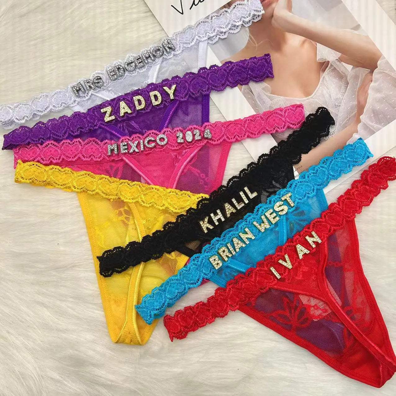 Custom Name Thong Panties with Crystal Letters Customized Thongs Personalized Underwear Sexy G-String Tanga Bikini Jewelry Gift - Love Lingerie