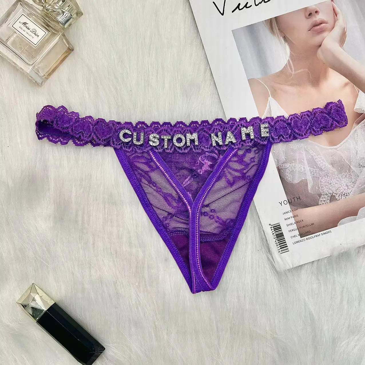 Custom Name Thong Panties with Crystal Letters Customized Thongs Personalized Underwear Sexy G-String Tanga Bikini Jewelry Gift - Love Lingerie