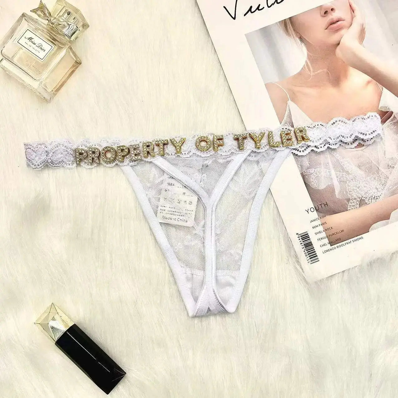 Custom Name Thong Panties with Crystal Letters Customized Thongs Personalized Underwear Sexy G-String Tanga Bikini Jewelry Gift - Love Lingerie