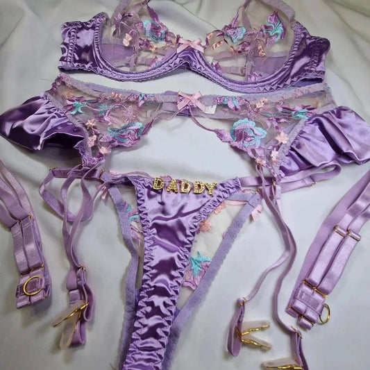 Custom Name Thong Sexy Lace Embroidery Bra And Panty Personalized Rhinestone Letters Garter Lingerie Set Female Underwear Set - Love Lingerie
