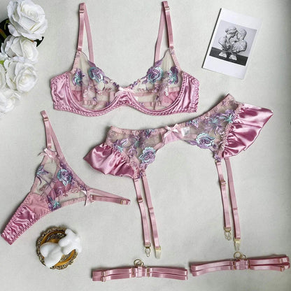 Custom Name Thong Sexy Lace Embroidery Bra And Panty Personalized Rhinestone Letters Garter Lingerie Set Female Underwear Set - Love Lingerie
