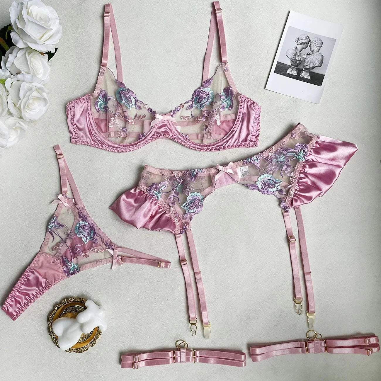 Custom Name Thong Sexy Lace Embroidery Bra And Panty Personalized Rhinestone Letters Garter Lingerie Set Female Underwear Set - Love Lingerie