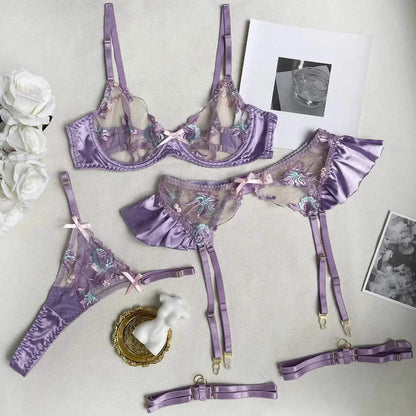 Custom Name Thong Sexy Lace Embroidery Bra And Panty Personalized Rhinestone Letters Garter Lingerie Set Female Underwear Set - Love Lingerie