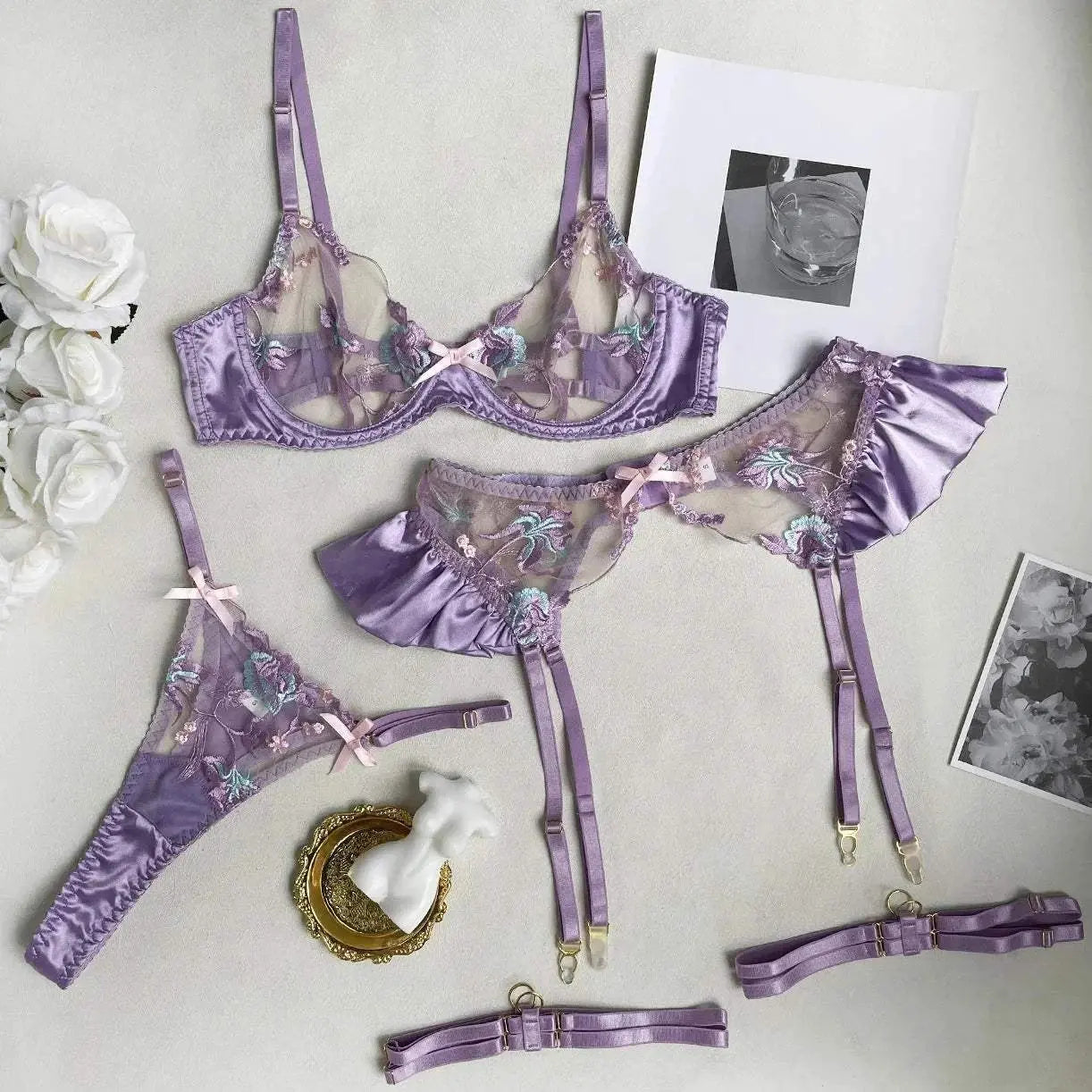 Custom Name Thong Sexy Lace Embroidery Bra And Panty Personalized Rhinestone Letters Garter Lingerie Set Female Underwear Set - Love Lingerie