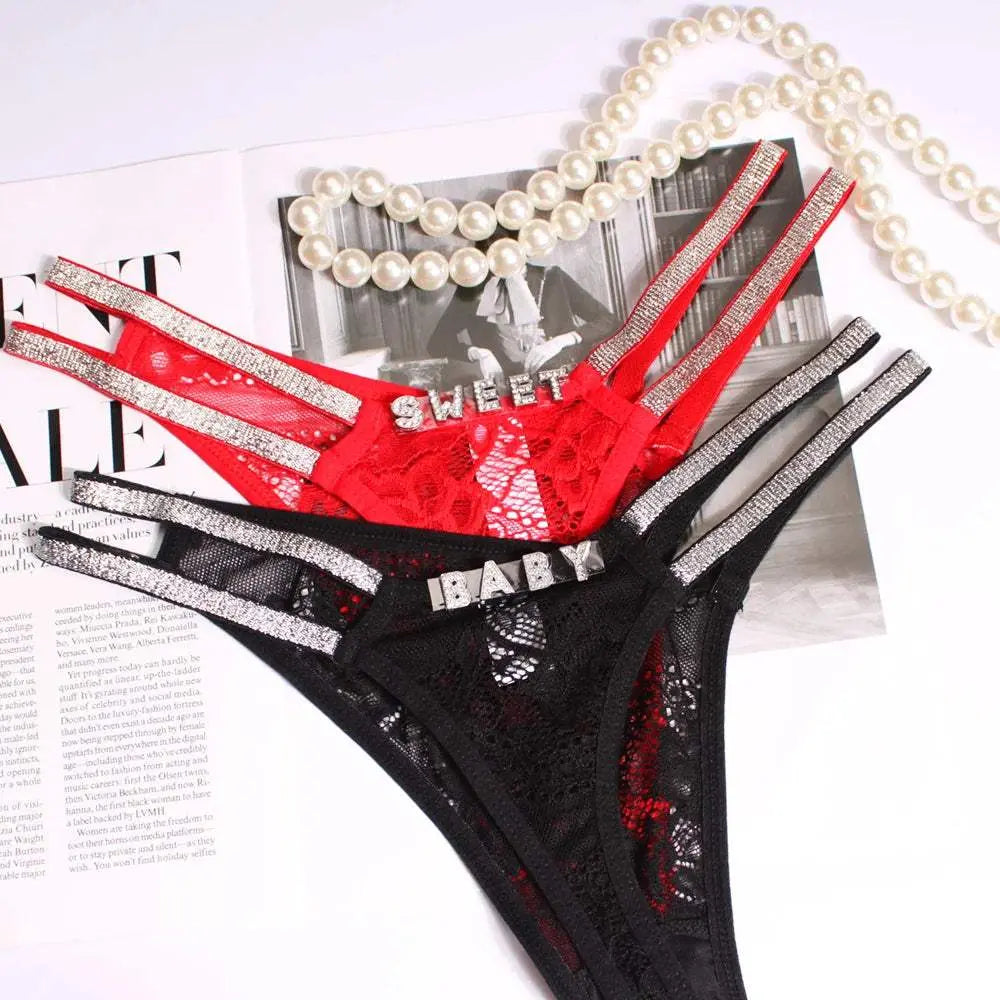 Custom Name Thong Sexy Women Fine Flicker Waist Chain Jewelry Underwear Personalized G-String Lace Panties Fashion Lingerie Gift - Love Lingerie