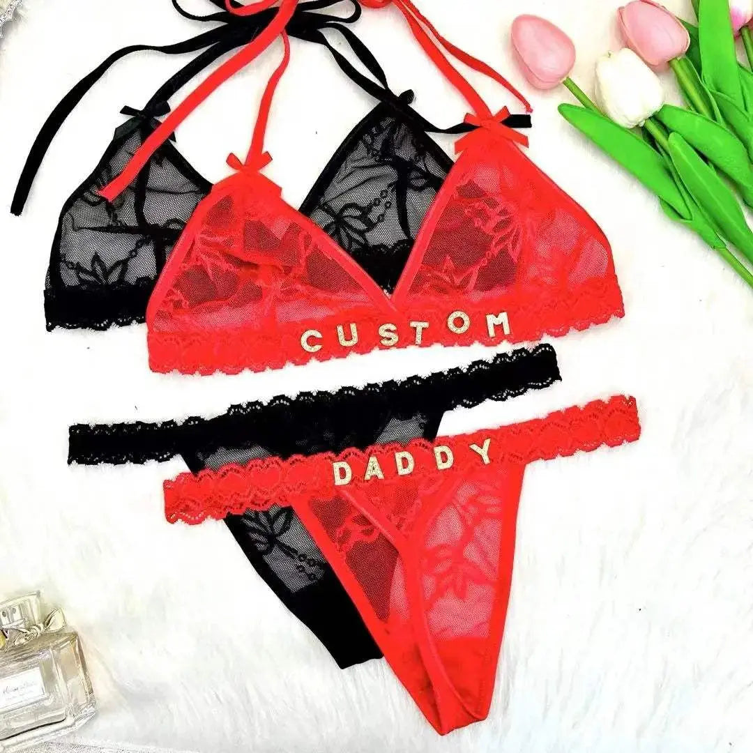 Custom Sexy Lace Thong Bra Underwear Set For Women Personalied Name - Love Lingerie