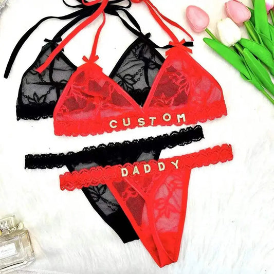 Custom Sexy Lace Thong Bra Underwear Set For Women Personalied Name - Love Lingerie