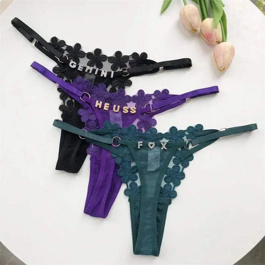 Customized Thongs tanga Name Letter Sexy Women mesh flowers Personalized Name Panties Bikini G-Strings Girlfriend Wife Gift - Love Lingerie