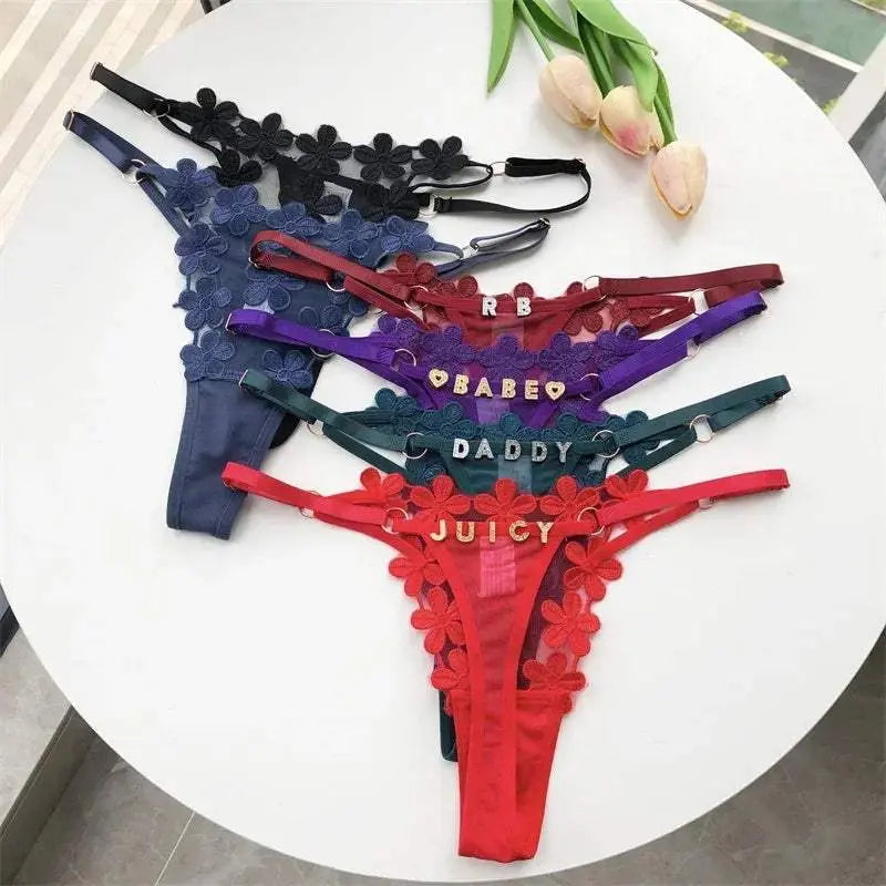 Customized Thongs tanga Name Letter Sexy Women mesh flowers Personalized Name Panties Bikini G-Strings Girlfriend Wife Gift - Love Lingerie