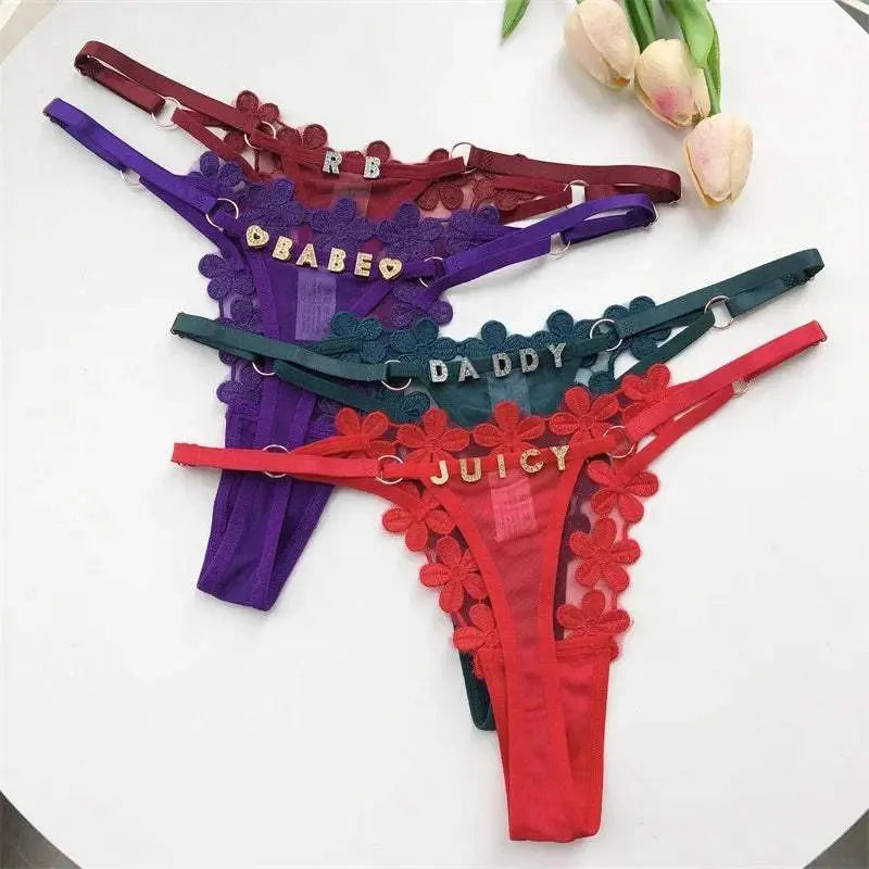Customized Thongs tanga Name Letter Sexy Women mesh flowers Personalized Name Panties Bikini G-Strings Girlfriend Wife Gift - Love Lingerie