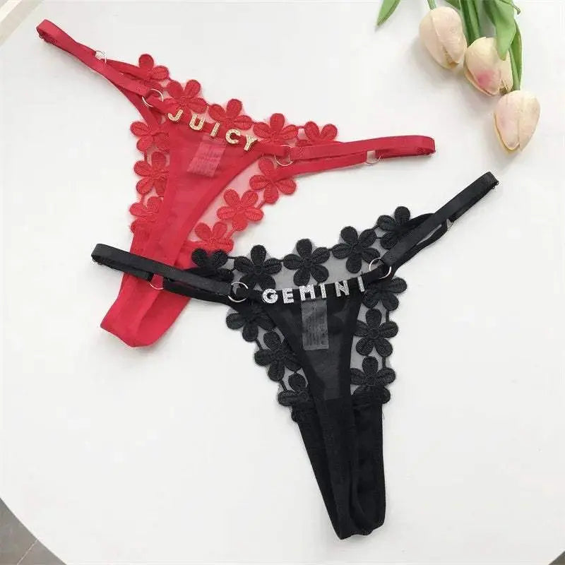 Customized Thongs tanga Name Letter Sexy Women mesh flowers Personalized Name Panties Bikini G-Strings Girlfriend Wife Gift - Love Lingerie